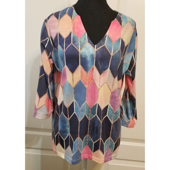 Exclusive Women's Size L Multicolored Geometric 3/4 Sleeve V-Neck Tunic - EUC - Picture 1 of 5